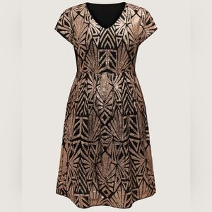 BloomChic Geometric Sequin Dolman Sleeve Midi Dress, Black/Gold, Size 12/L